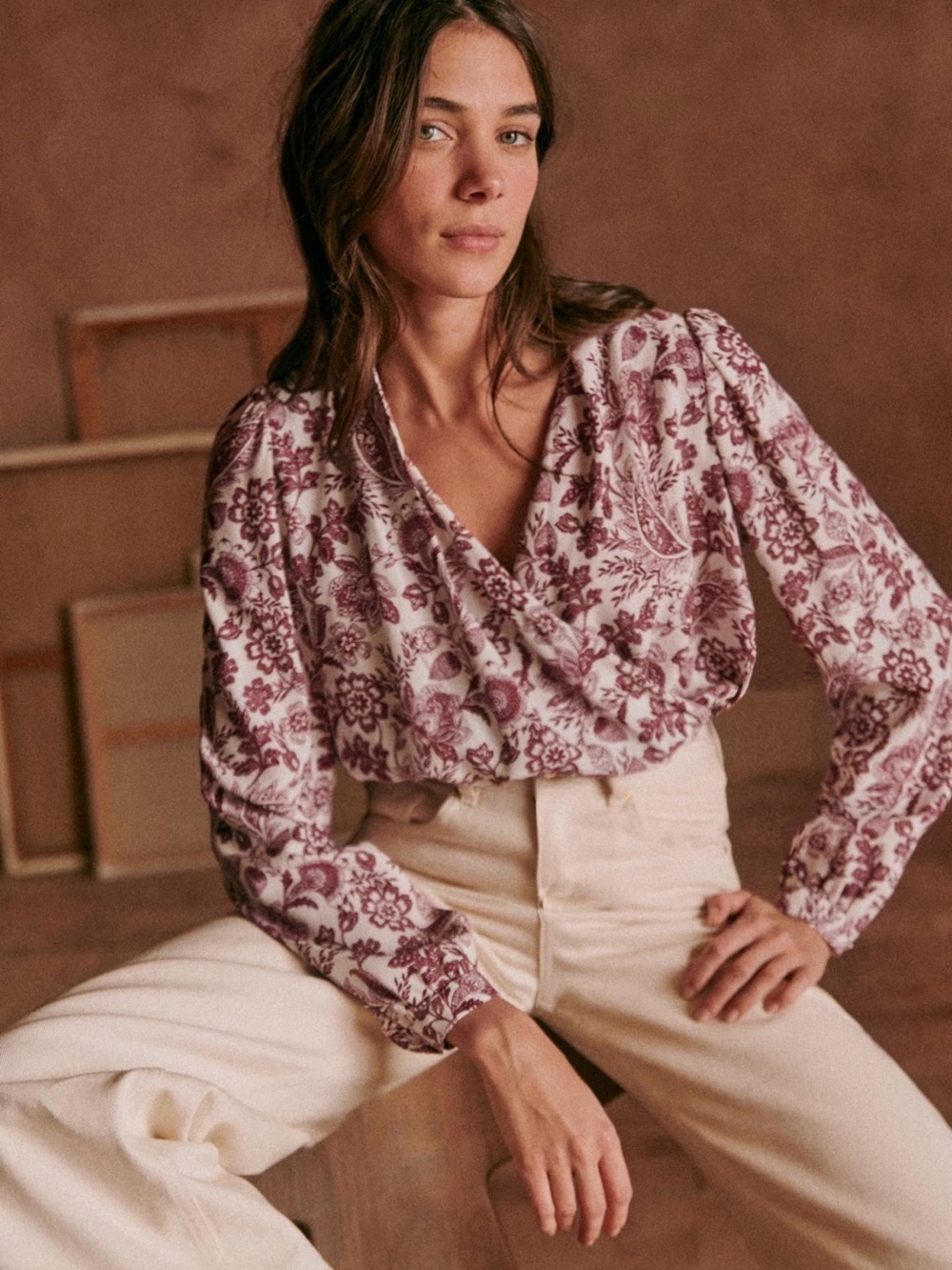 Sézane Abelis Blouse Women's Floral Wrap Top in Burgundy and White Size 38
